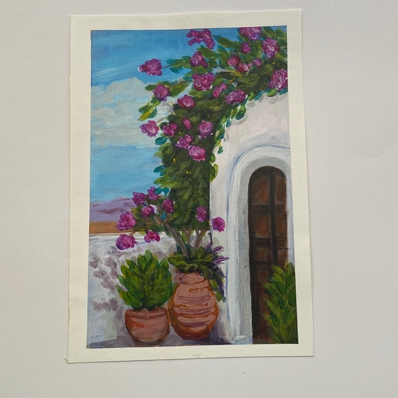 Greek Island Courtyard Floral Wall Art with Purple and Green Accents - Picture 4 of 6